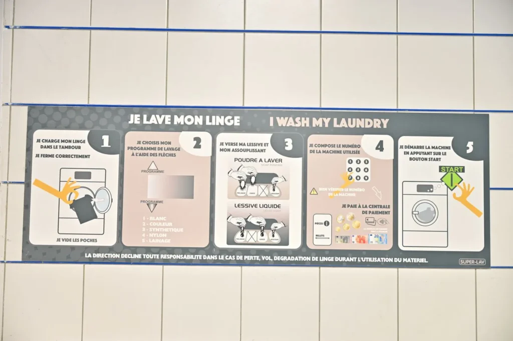 Le panneau « Je lave mon linge » affiché au mur de la laverie, en cinq étapes illustrées